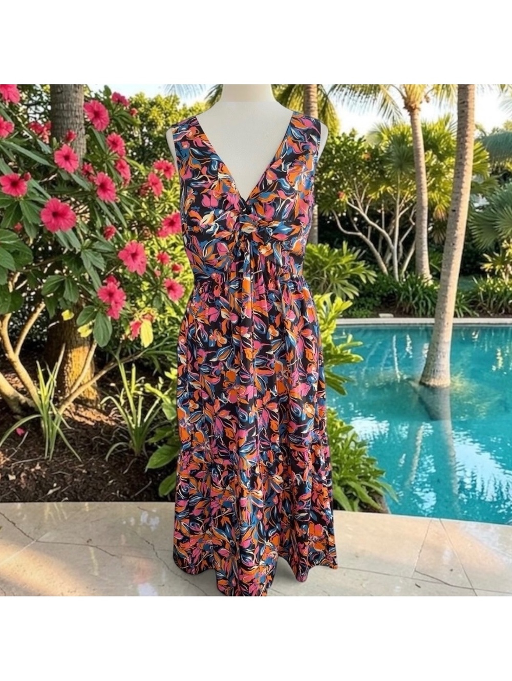 French Connection Floral Maxi Dress L Twist Front Boho Resort Vacation
